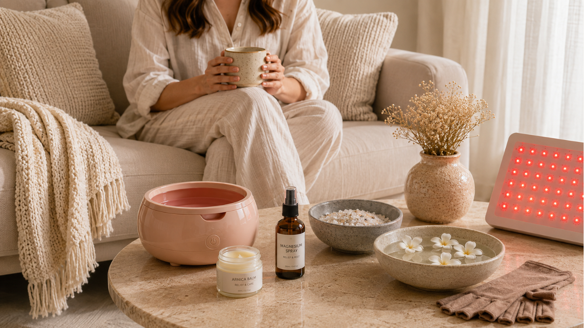 Cozy self-care scene with a woman holding a warm drink, surrounded by a foot spa, magnesium spray, arnica balm, bath salts, and cooling or warming wellness items.