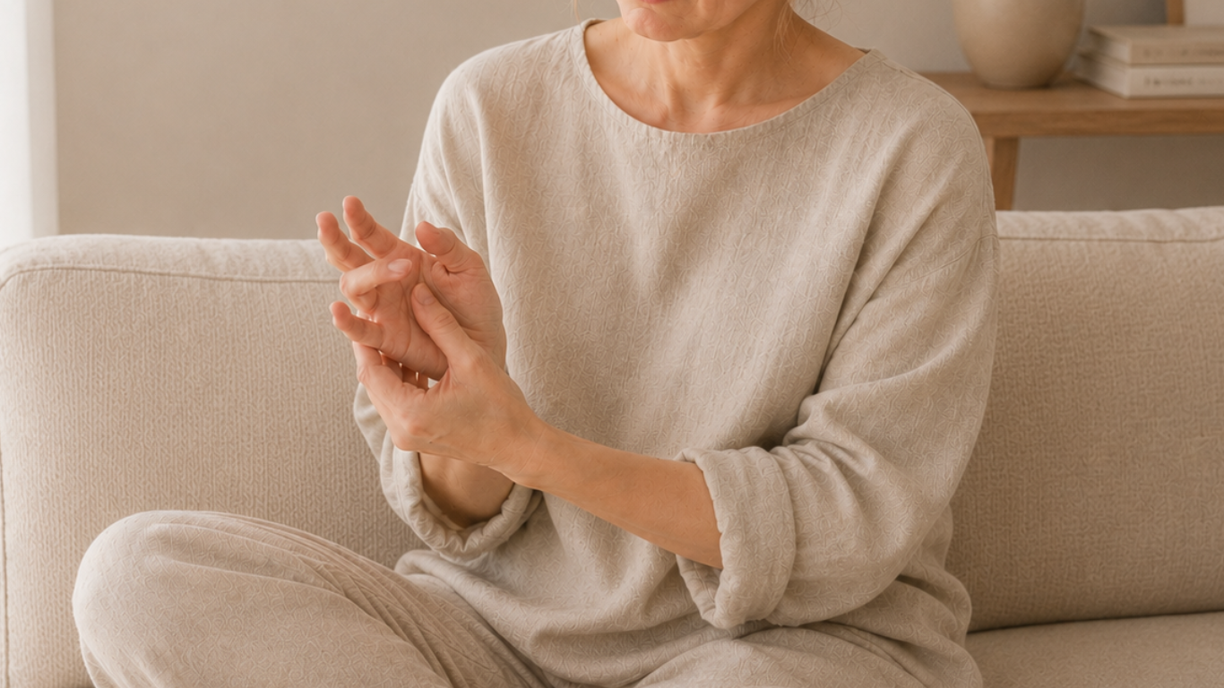 A woman gently holding a finger that appears stiff or locked, illustrating the discomfort and symptoms commonly associated with trigger finger.
