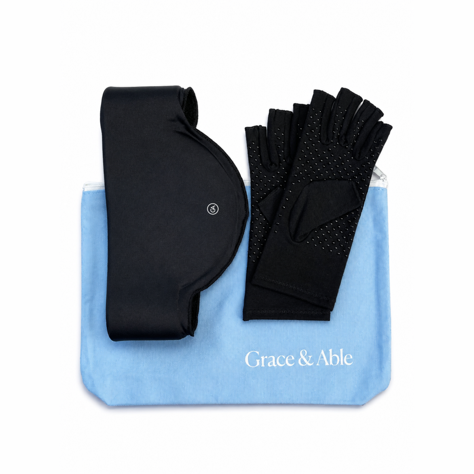 A Grace & Able Gardener's Essential Kit featuring a Jet Black Cooling Neck Wrap, matching Classic Black Extra Grip Compression Gloves, and a light blue Cotton Storage Pouch.