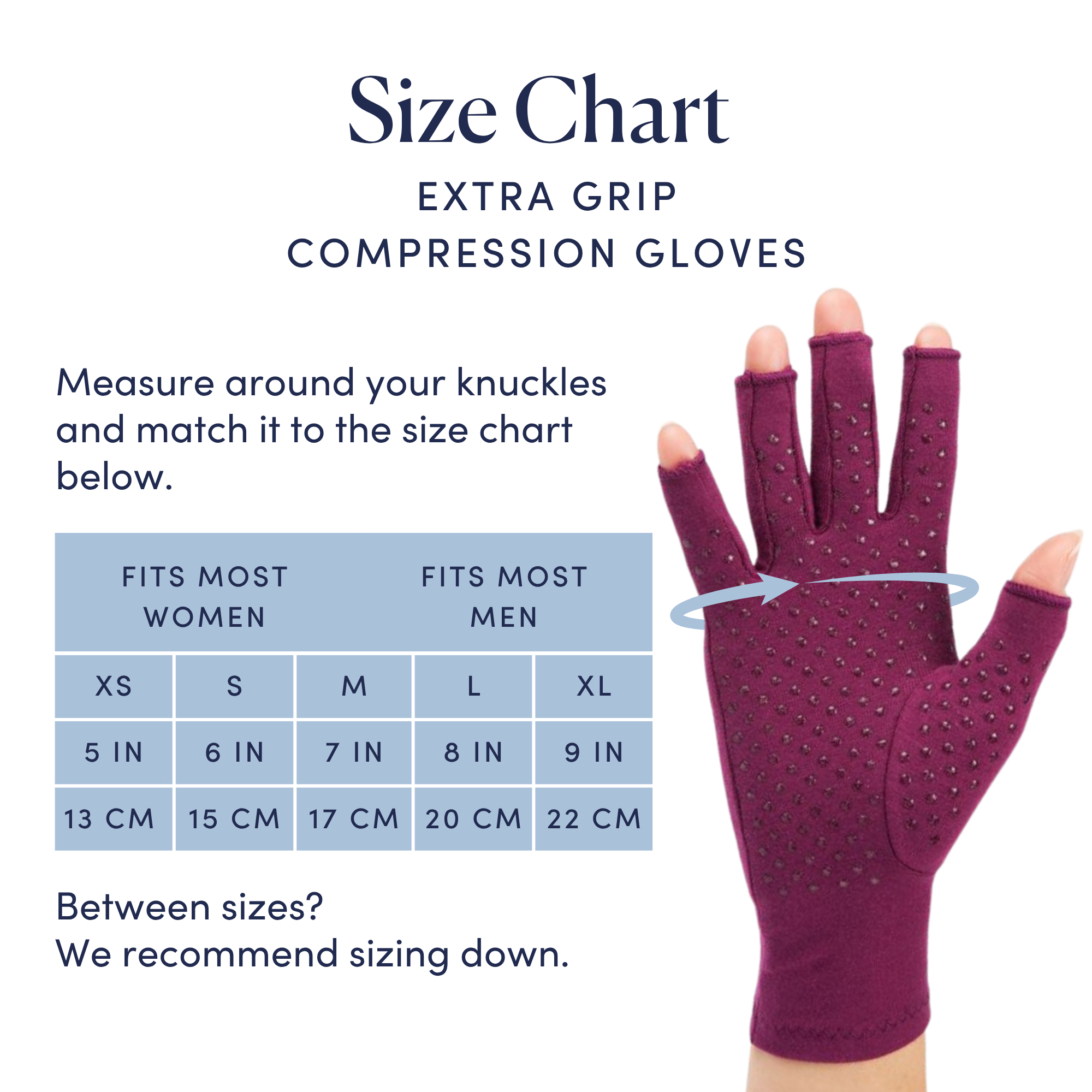 Size chart graphic for Extra Grip Compression Gloves, showing a hand wearing a Plum Purple Extra Grip Compression Gloves and a measurement guide with a size table from XS to XL and centimeter measurements.