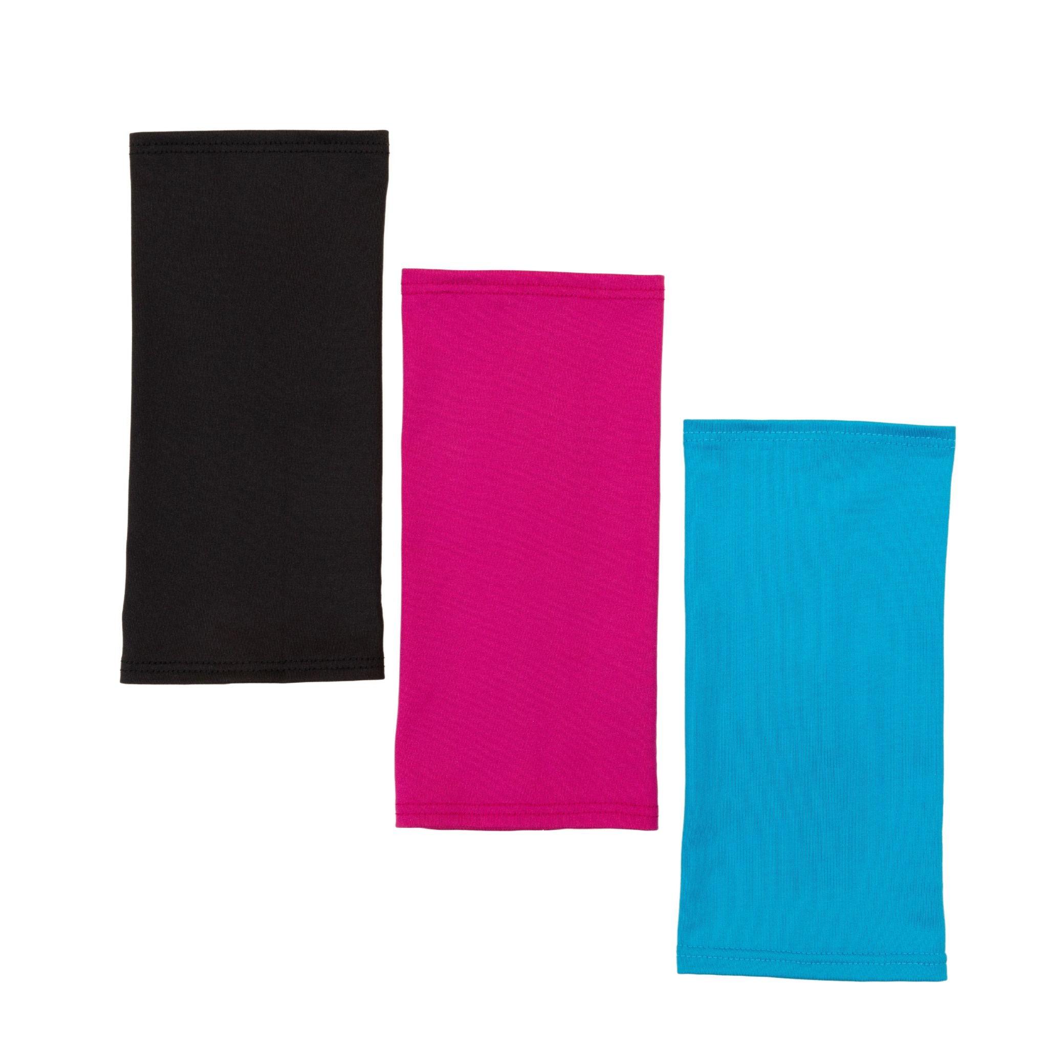 Three colors of wrist brace covers in a vertical arrangement. Colors from left to right are Inky Black, Fuchsia Pink, and Summer Blue.