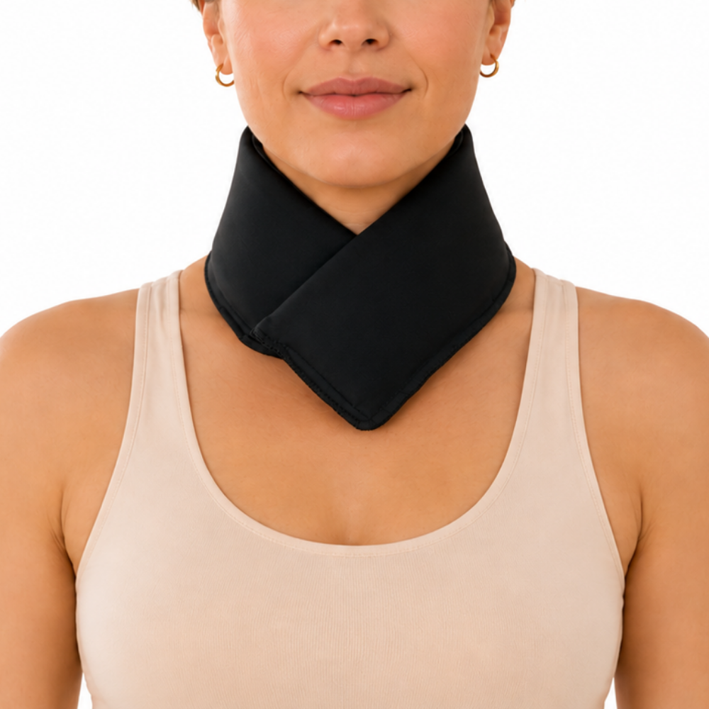 Woman wearing a jet black cooling neck wrap against a white background