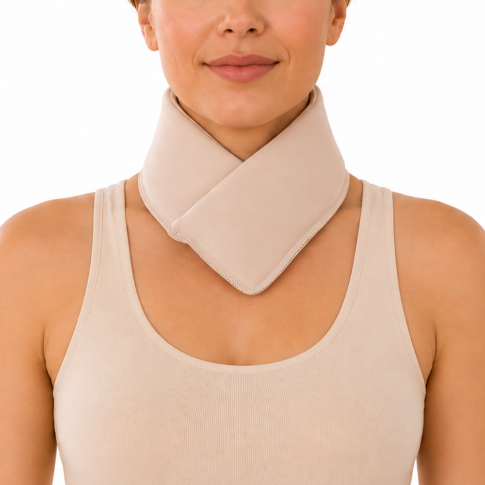 Woman wearing a latte beige cooling neck wrap against a white background