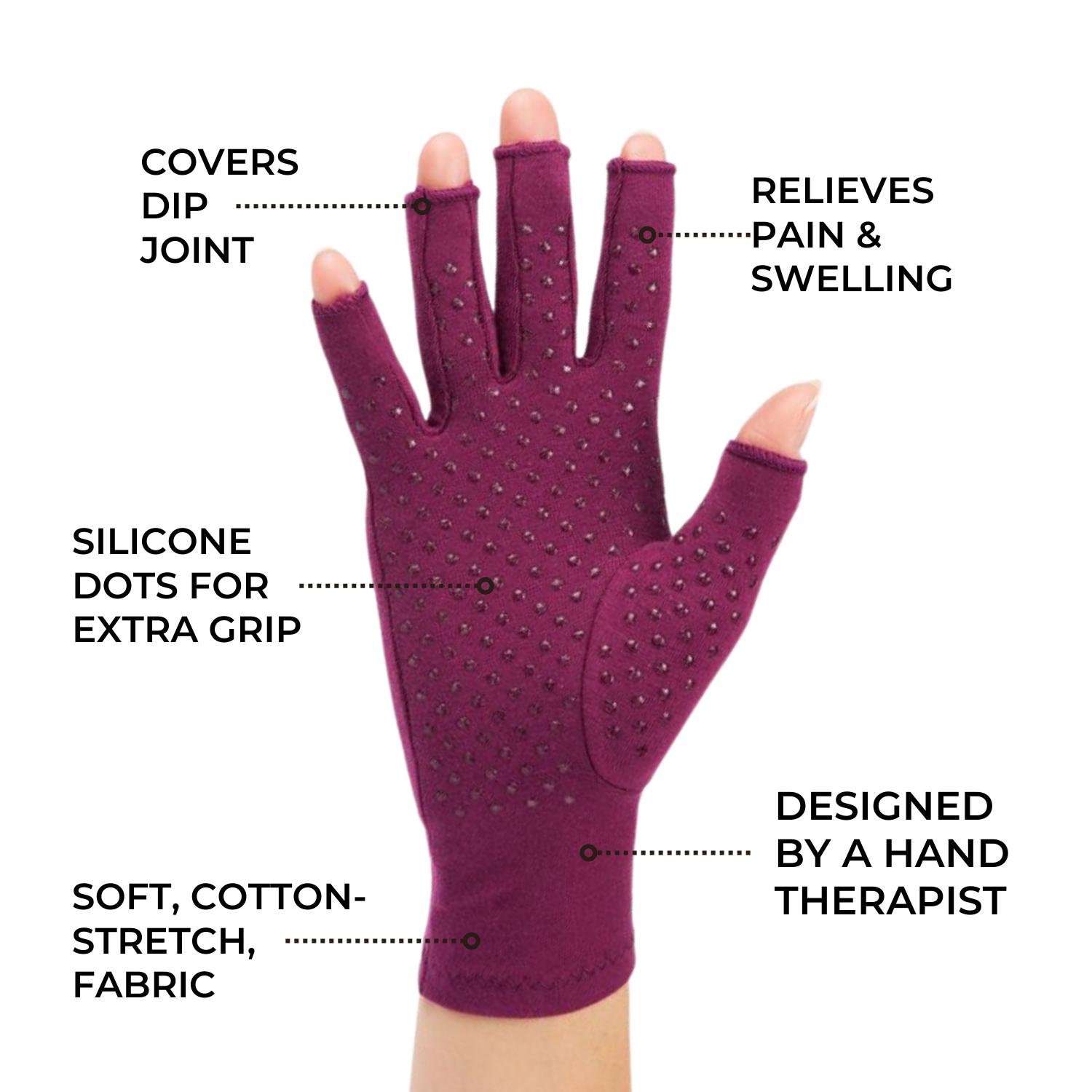 plum purple compression gloves with silicone dots on palm worn by a hand with arthritis with product features on a white background