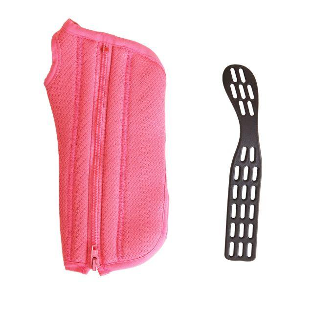 A Bubblegum Pink wrist brace and a perforated splint. One brace per pack, includes a removable splint