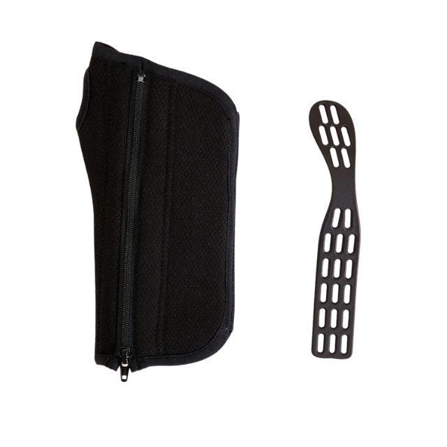 A Classic Black wrist brace and a perforated splint. One brace per pack, includes removeable splint