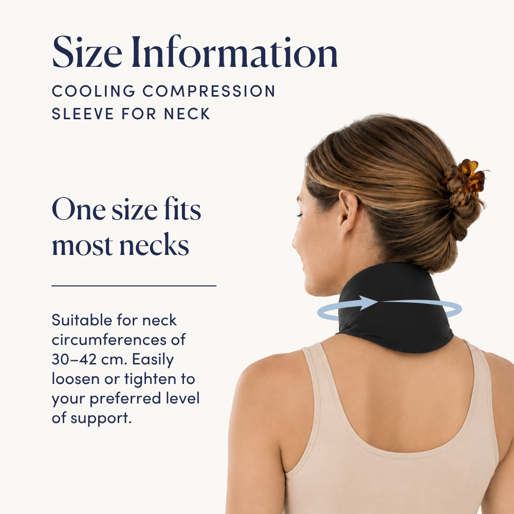 Woman wearing a cooling neck wrap with size information text on a white background