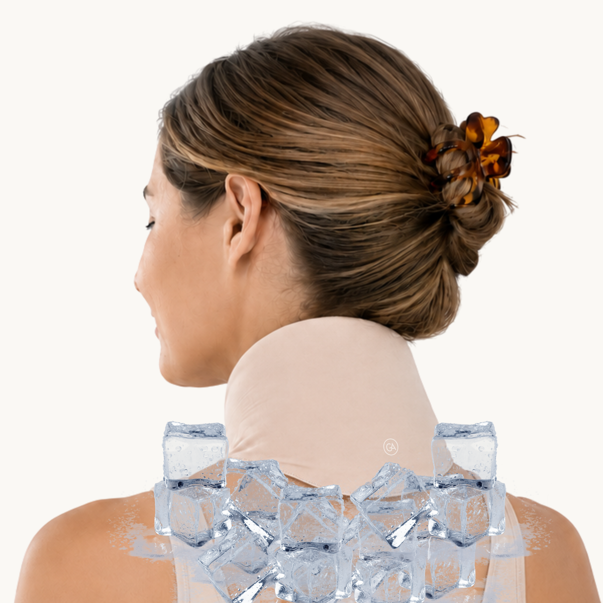 A woman shown from the back with her hair in a bun, wearing a latte beige cooling neck wrap and surrounded by ice cubes against a plain white background.