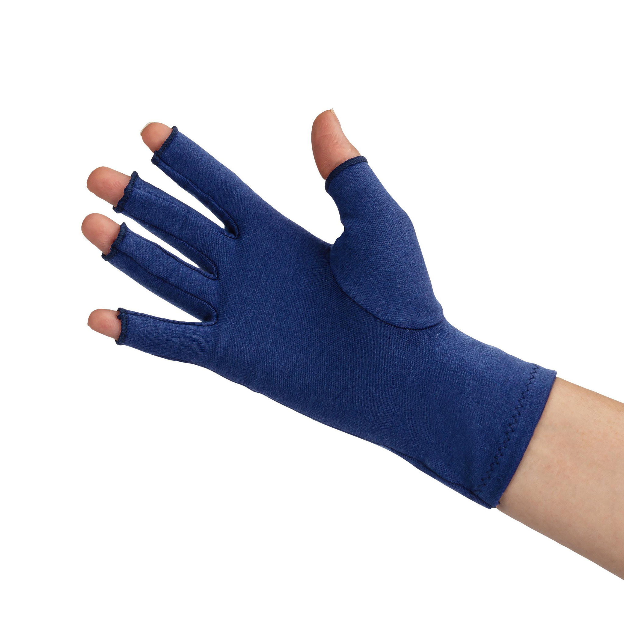 A close up of the hand of a woman with arthritis, wearing a Marine Blue Compression Glove and showing the palm of her hand.