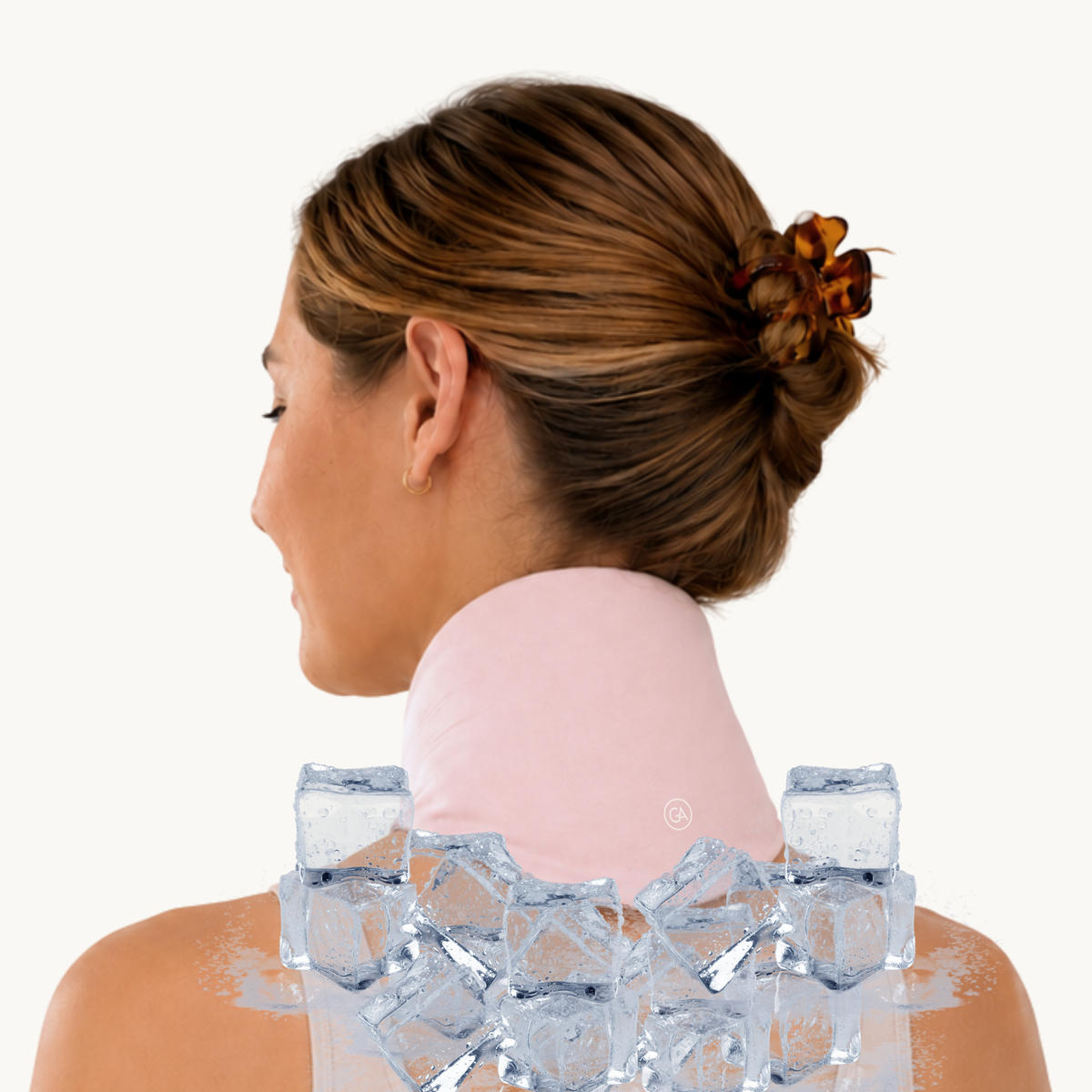 A woman shown from the back with her hair in a bun, wearing a pastel pink cooling neck wrap and surrounded by ice cubes against a plain white background.