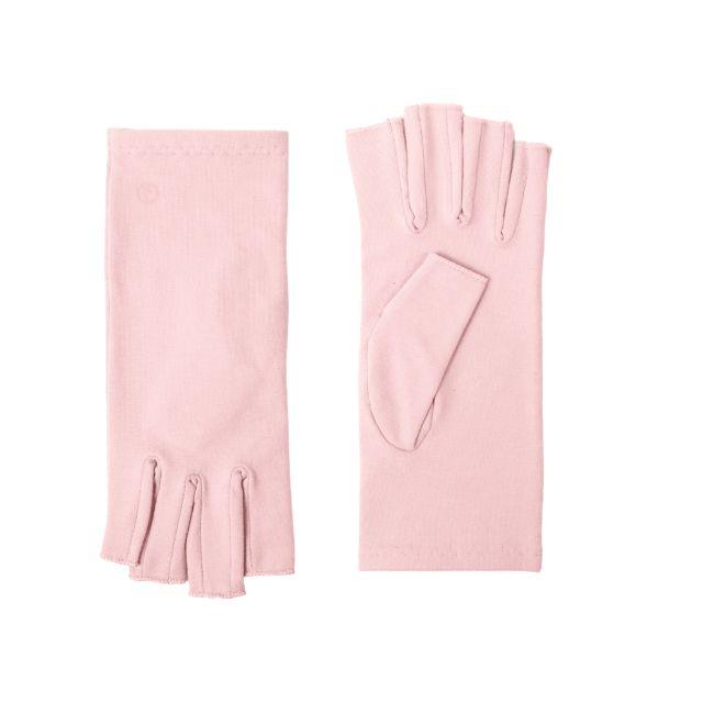 A Pair of tickled pink compression gloves used for arthritis .