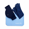 A Grace & Able Gardener's Essential Kit  featuring a Midnight Blue Cooling Neck Wrap, matching Marine Blue Extra Grip Compression Gloves, and a light blue Cotton Storage Pouch.