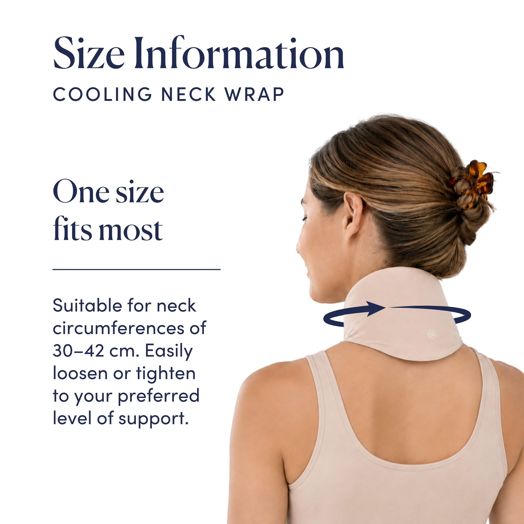 Size information graphic for a cooling neck wrap, showing a woman from the back wearing the wrap on her neck with text stating one size fits most and suitable neck circumferences of 30-42 cm.