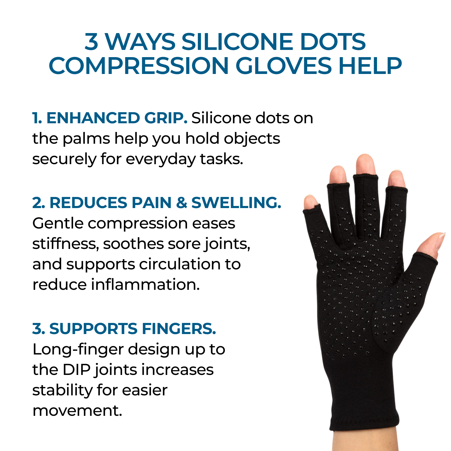 classic black compression gloves with silicone dots on palm worn by a hand with arthritis with information about 3 ways how it helps
