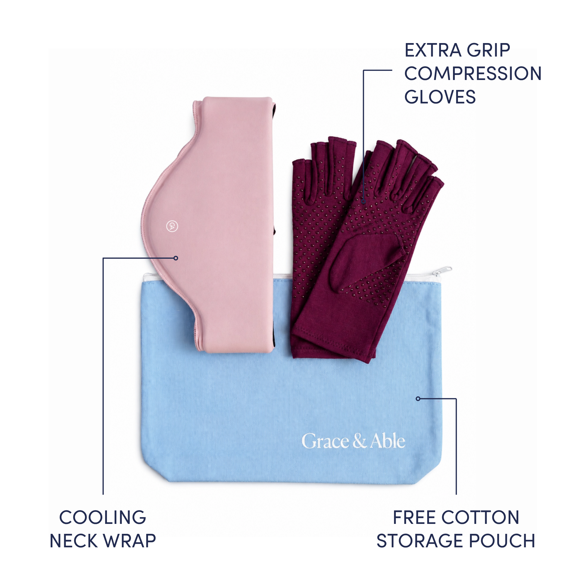 A Grace & Able Gardener's Essential Kit  featuring a Pastel Pink Cooling Neck Wrap, matching Plum Purple Extra Grip Compression Gloves, and a light blue Cotton Storage Pouch all labeled with callout lines on a white background.