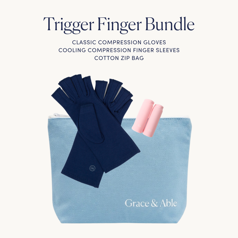 Trigger finger bundle with compression gloves, cooling sleeves, and a cotton zip bag on a white background.