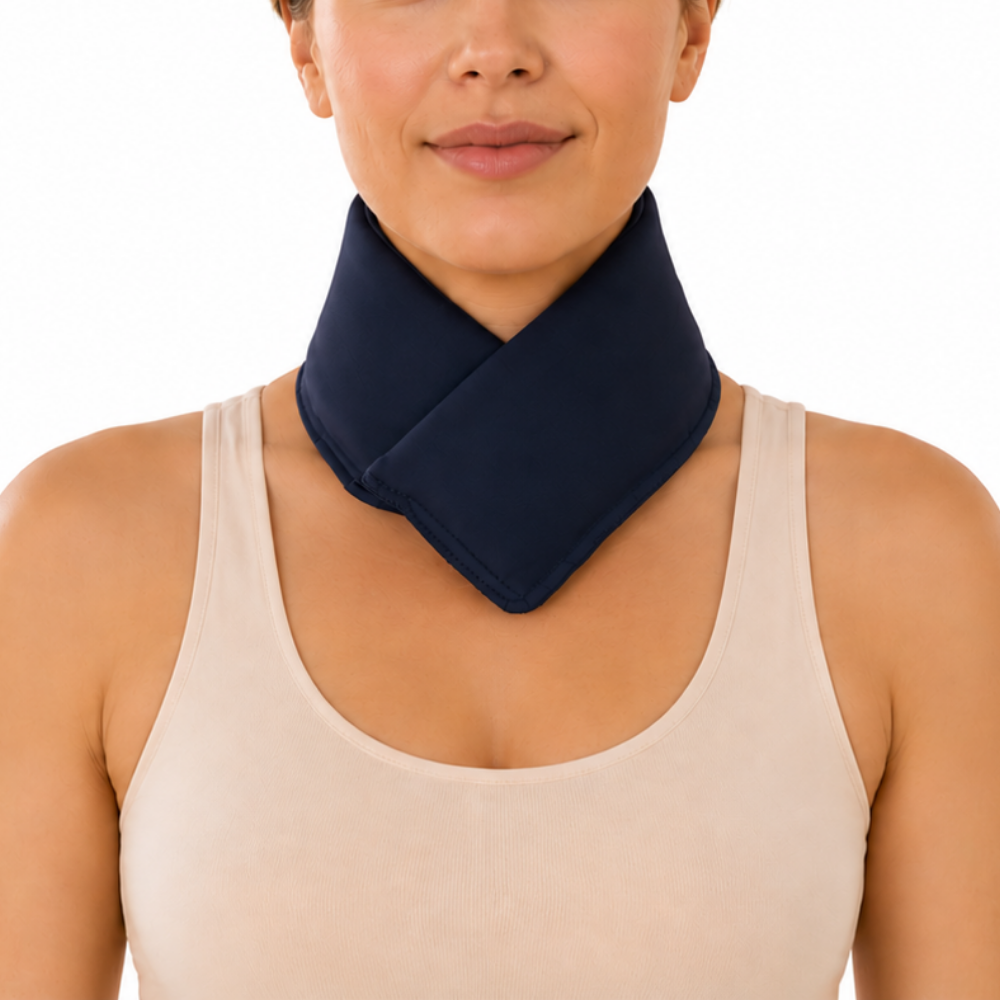 Woman wearing a midnight blue cooling neck wrap against a white background