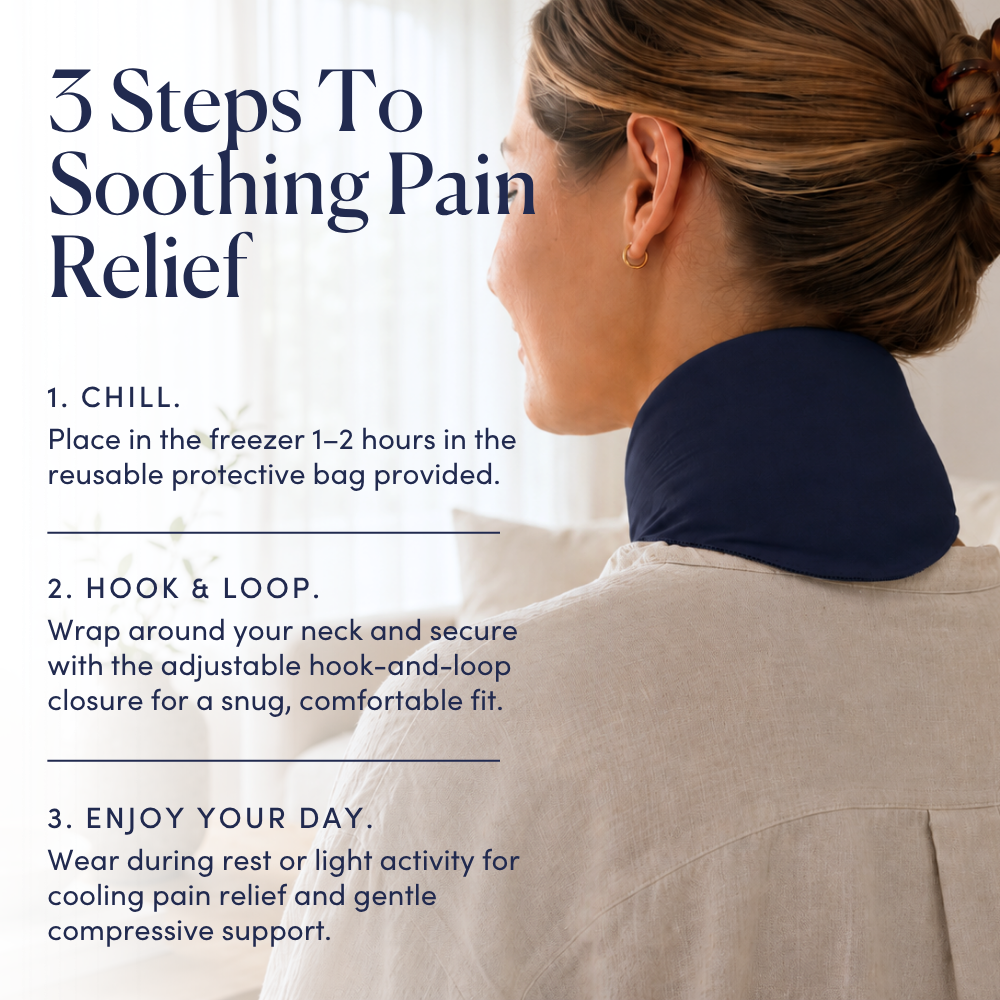 Woman wearing a cooling neck wrap with instructions on how to use it for pain relief.