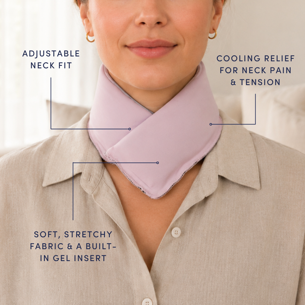 Cooling neck wrap with text highlighting features on a neutral background
