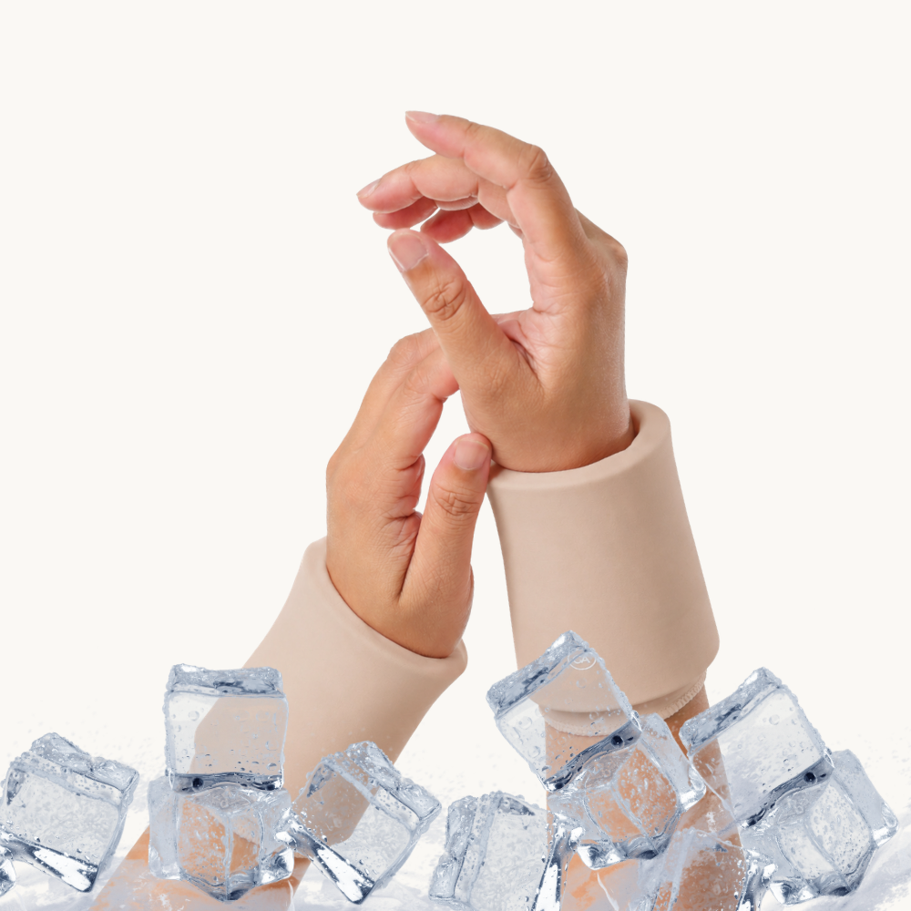 Two hands wearing latte beige cooling compression sleeves for wrist with ice cubes visible at the bottom against a clean white background.
