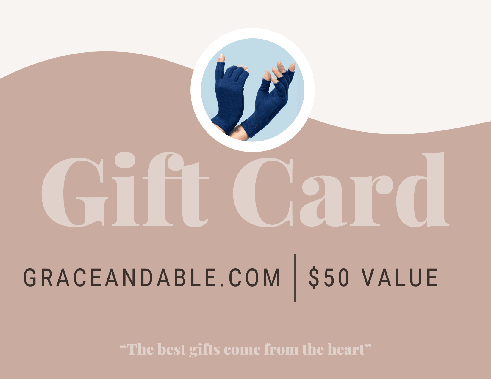 A close-up of a Grace & Able gift card with a value of $50.
