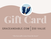 A close-up of a Grace & Able gift card with a value of $50.