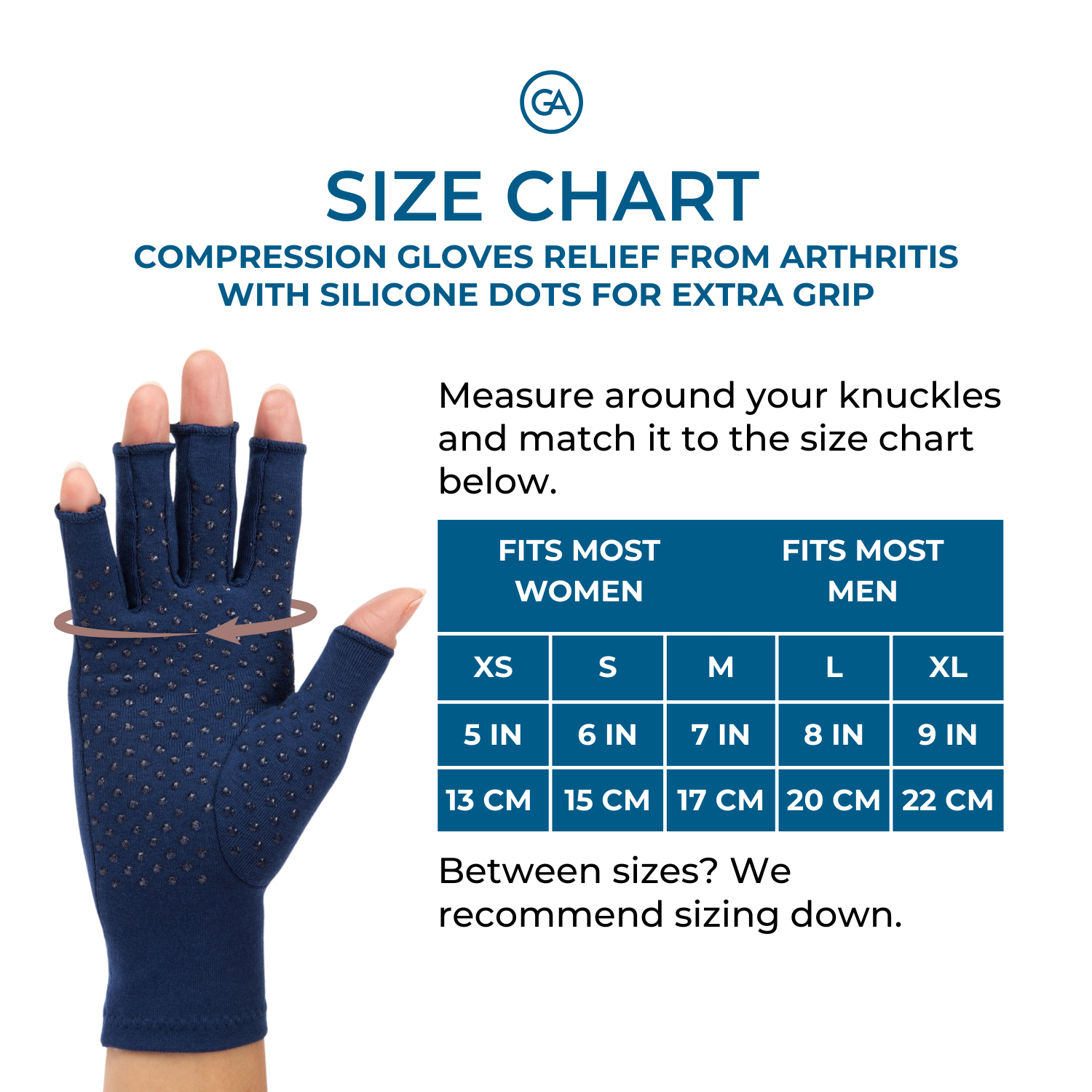marine blue compression gloves with silicone dots on palm worn by a hand with arthritis with size chart information