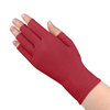 Load image into Gallery viewer, A close up of the hand of a woman with arthritis, wearing Chili Red Compression Gloves and showing the back of her hand.