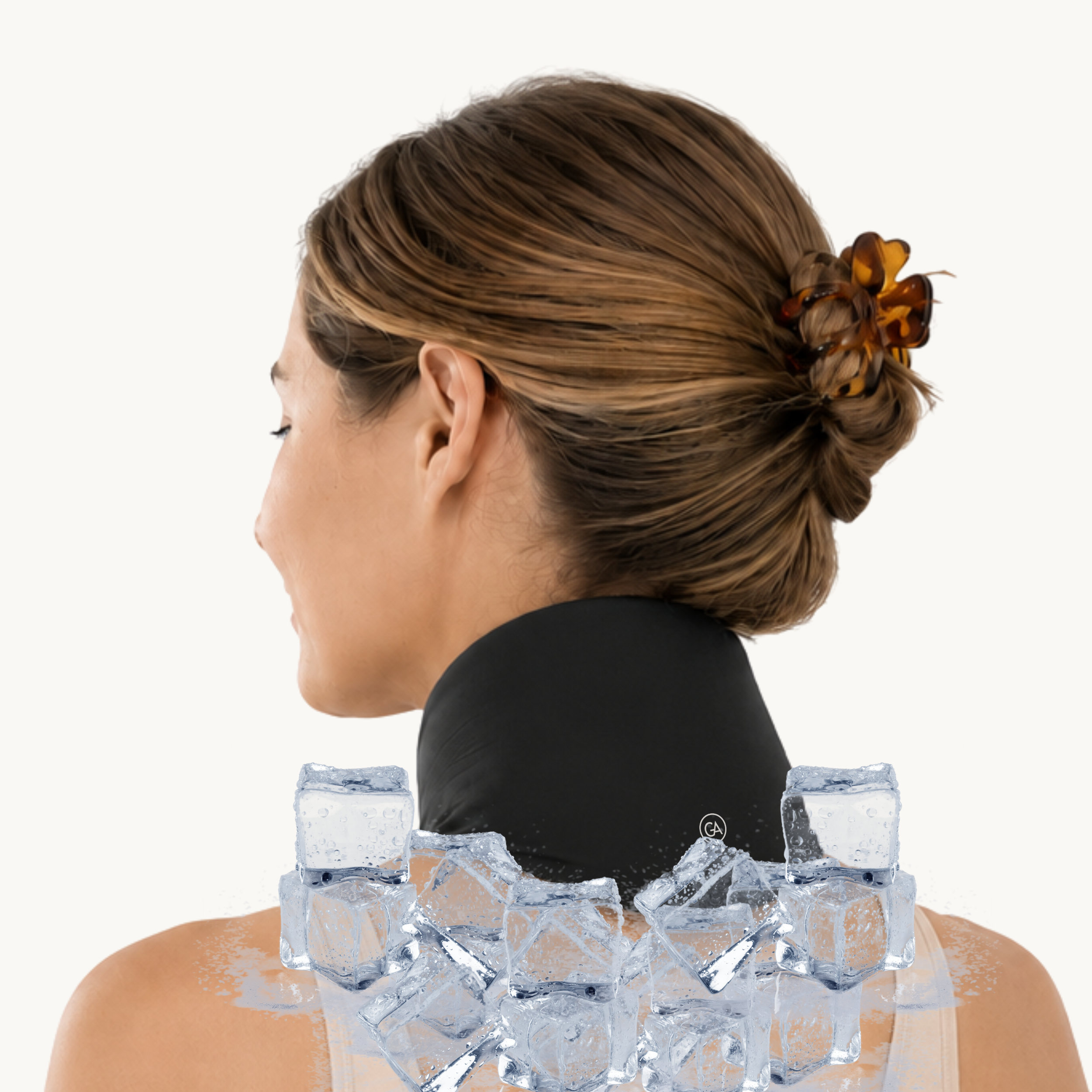 A woman shown from the back with her hair in a bun, wearing a jet black cooling neck wrap and surrounded by ice cubes against a plain white background.
