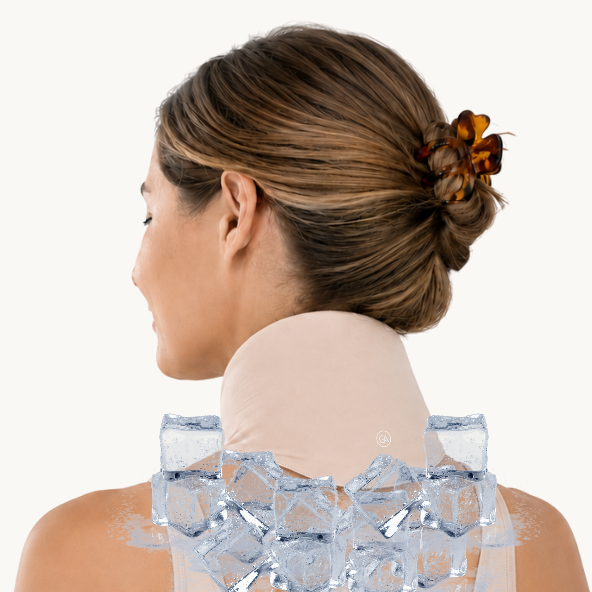 A woman shown from the back with her hair in a bun, wearing a latte beige cooling neck wrap and surrounded by ice cubes against a plain white background.