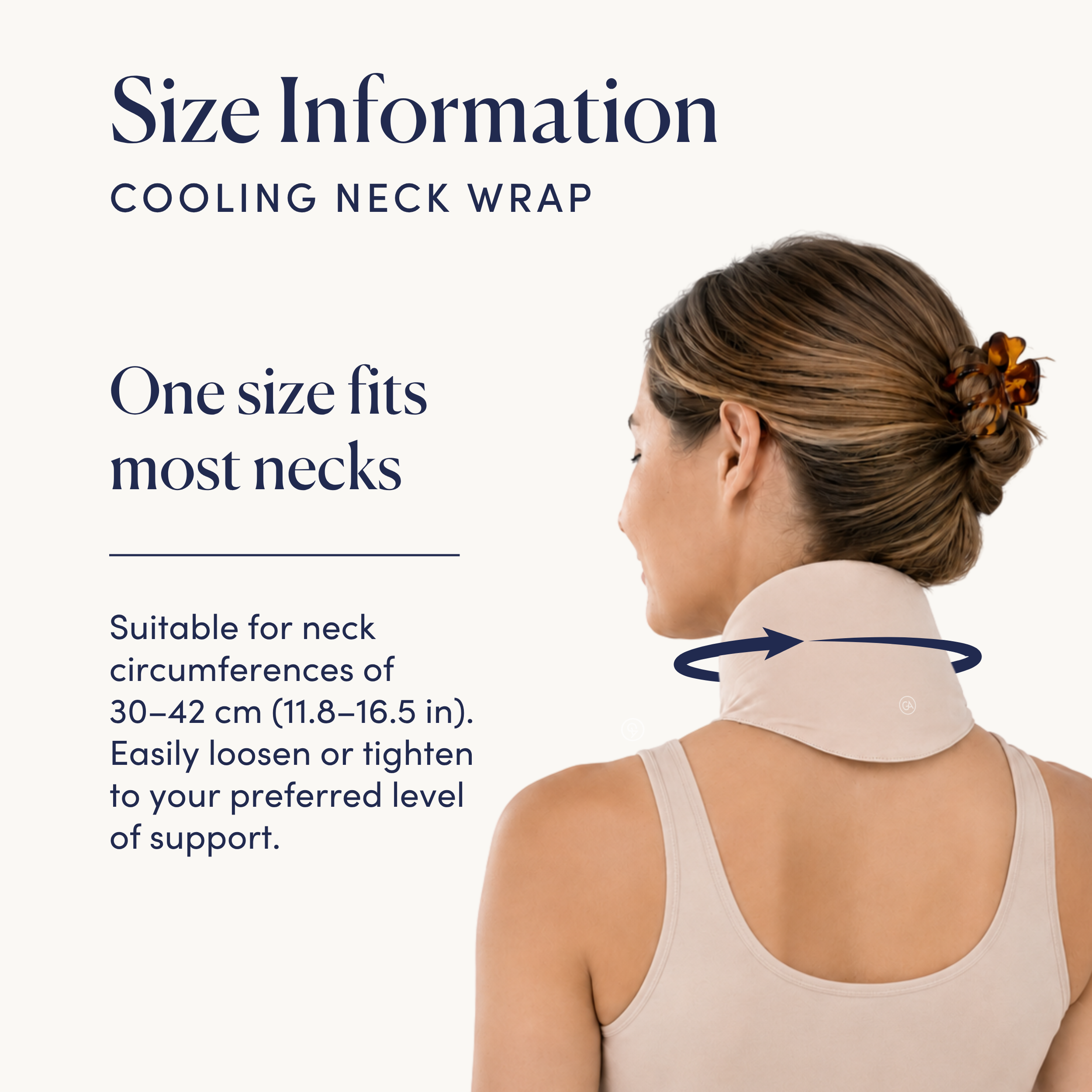 Size chart graphic for a cooling neck wrap, showing a woman from the back wearing the wrap around her neck on a light beige background with text detailing fit and sizing.