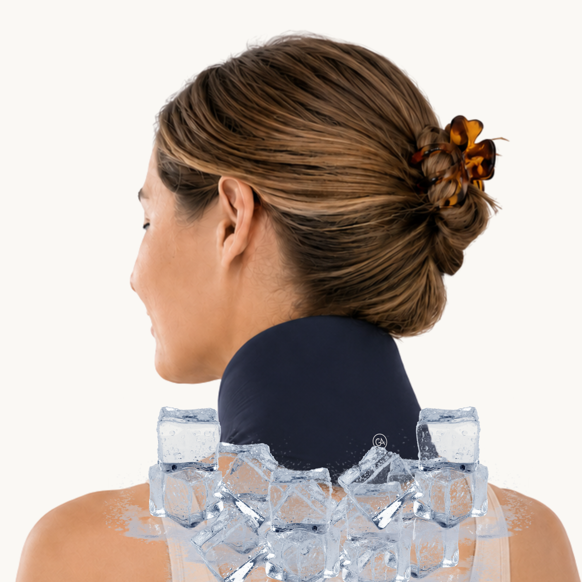 A woman shown from the back with her hair in a bun, wearing a midnight blue cooling neck wrap and surrounded by ice cubes against a plain white background.