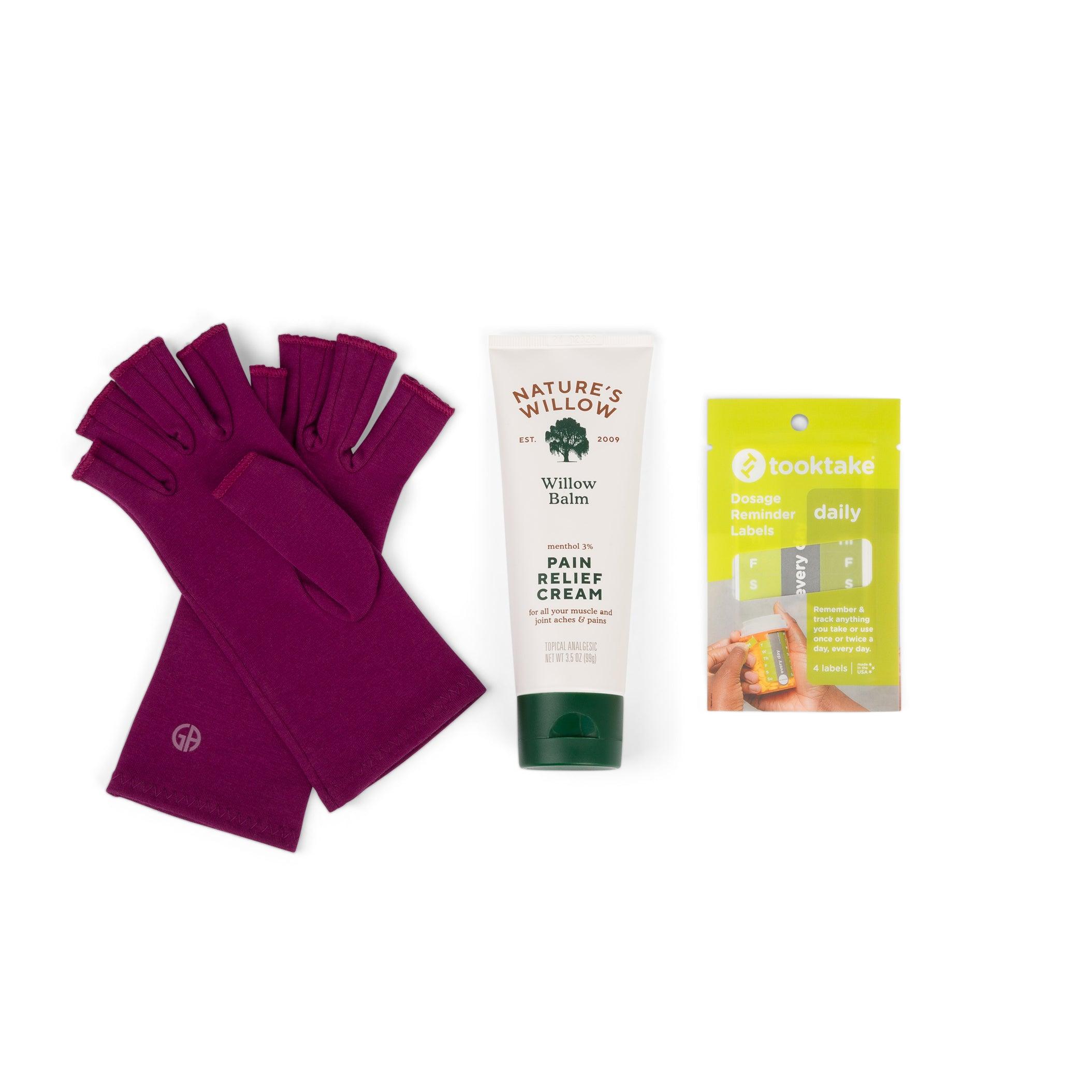 Plum Purple Compression Gloves, Willow Pain Relief Cream, and Tooktake Dosage Reminder Labels Flatlay