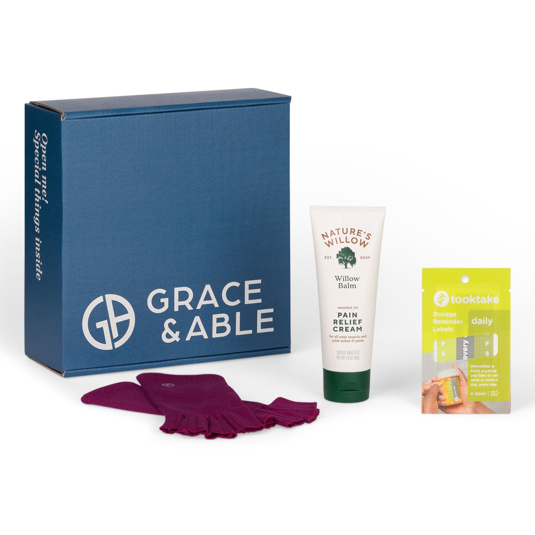 Arthritis Care Kit Box Outside with Plum Purple Compression Gloves, Willow Pain Relief Cream, and Tooktake Dosage Reminder Labels