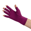 a woman with arthritis wears a plum purple compression glove 