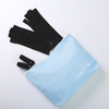 A light blue zippered pouch with the brand name 'Grace & Able' printed in white, shown with a pair of black compression gloves and two black cooling finger sleeves.