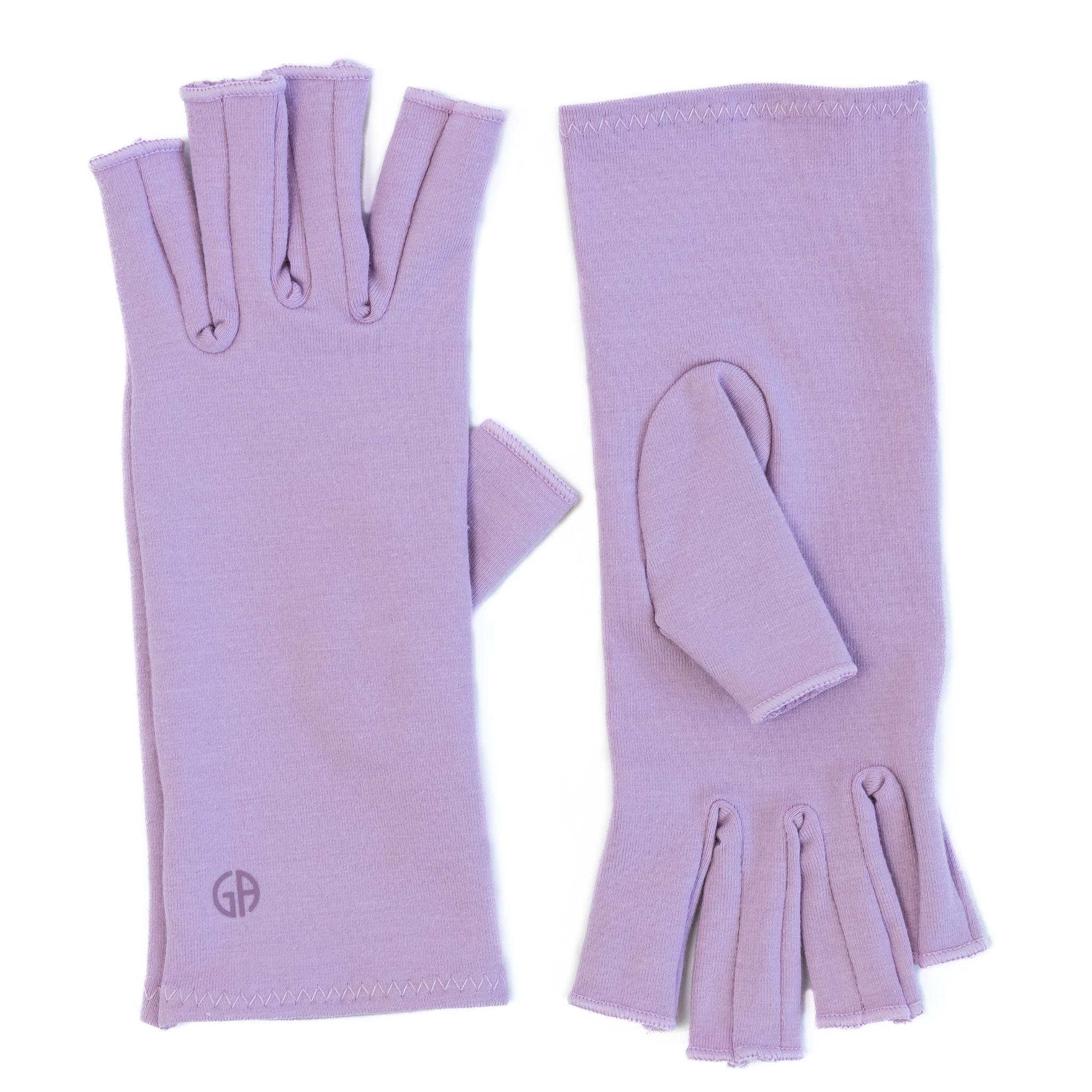 A pair of Dusky Lilac Compression Gloves, perfect for women with arthritis, is lying on a white background; (one glove is displaying the inner side, the other the outer)