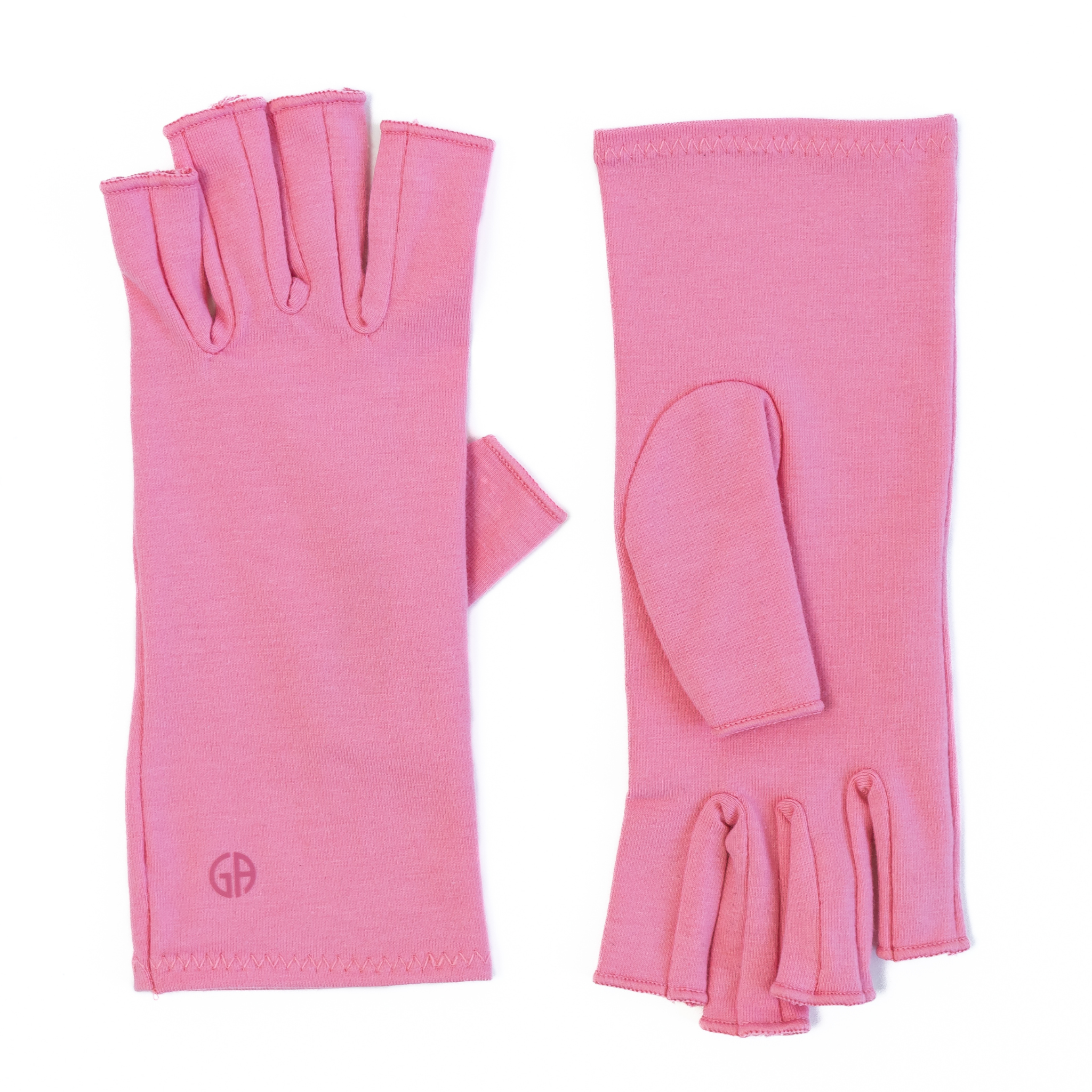 A pair of Coral Pink Compression Gloves, perfect for women with arthritis, is lying on a white background; (one glove is displaying the inner side, the other the outer)