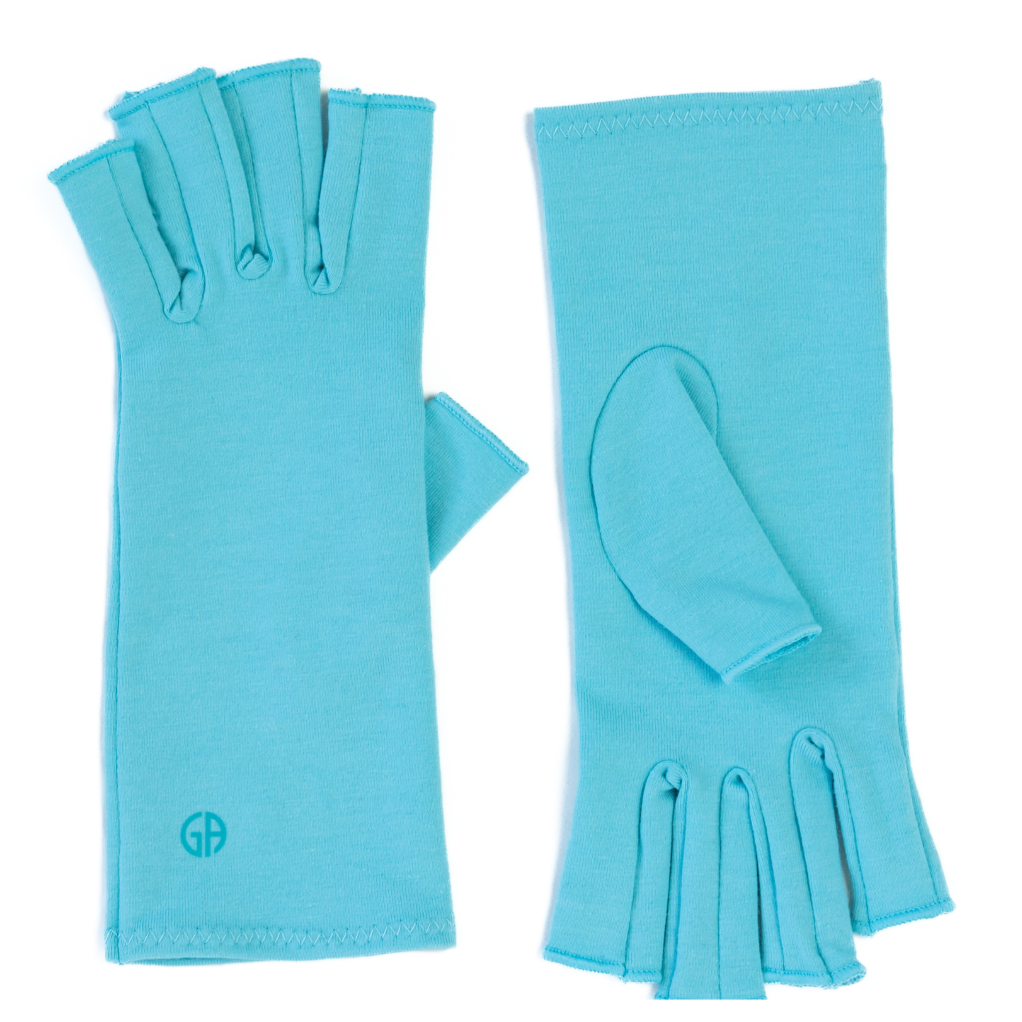 A pair of Aqua Blue Compression Gloves, perfect for women with arthritis, is lying on a white background; (one glove is displaying the inner side, the other the outer)