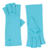 Load image into Gallery viewer, A pair of Aqua Blue Compression Gloves, perfect for women with arthritis, is lying on a white background; (one glove is displaying the inner side, the other the outer)