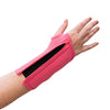 A woman with arthritis is showing her hand in a fully unzipped Bubblegum Pink Wrist Brace with zipper. Soft Moisture-wicking liner fabric can be seen from underneath. The background is white.