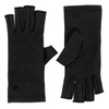 A pair of Classic Black Compression Gloves, perfect for women with arthritis, is lying on a white background; (one glove is displaying the inner side, the other the outer)