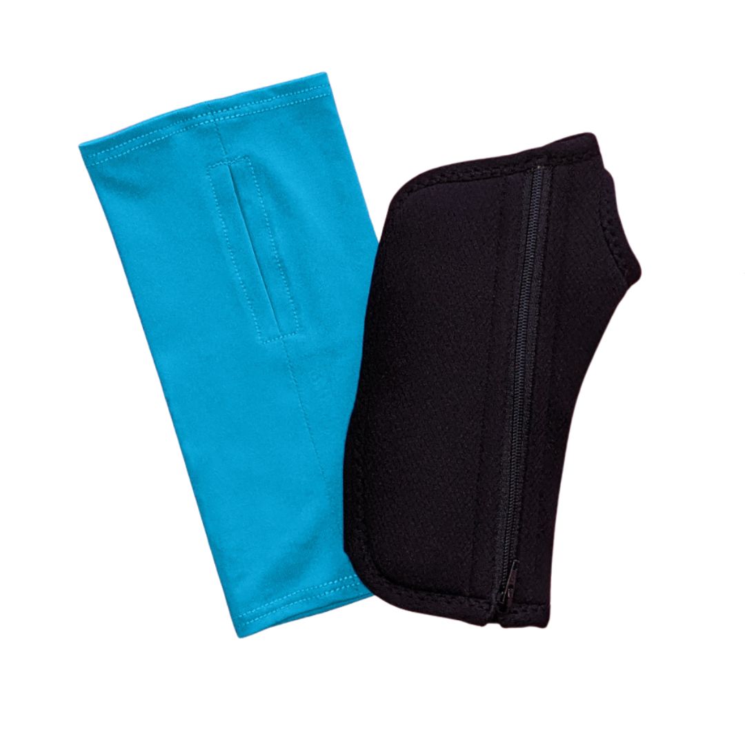 A Summer Blue Wrist Brace Cover made of recycled polyester sitting near a Black Wrist Brace for arthritis and carpal tunnel syndrome.