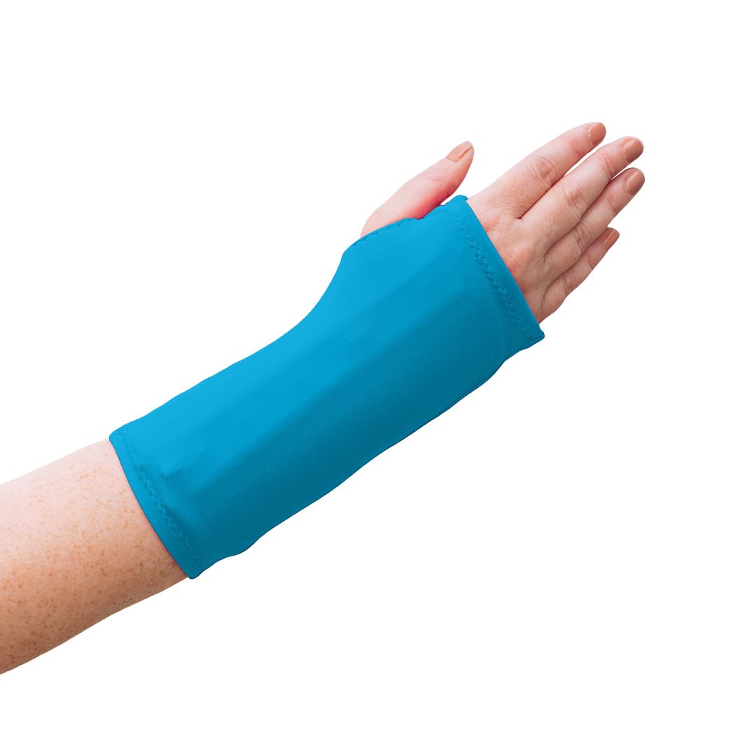 Summer Blue Wrist Brace Cover worn by a woman with arthritis over her Wrist Brace. The cover is made of recycled polyester. The background is white.