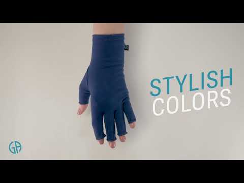 Video showing Compression Gloves for arthritis, worn by a woman with arthritis. There are Plum Purple Compression Gloves, Classic Black Compression Gloves, Ballet Pink Compression Gloves, and Marine Blue Compression Gloves.